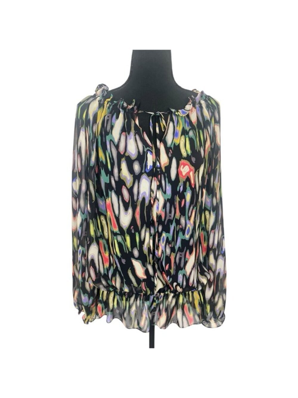 Kenneth Cole Watercolor Chiffon Drawstring Neckline Blouson Top Size L Sheer